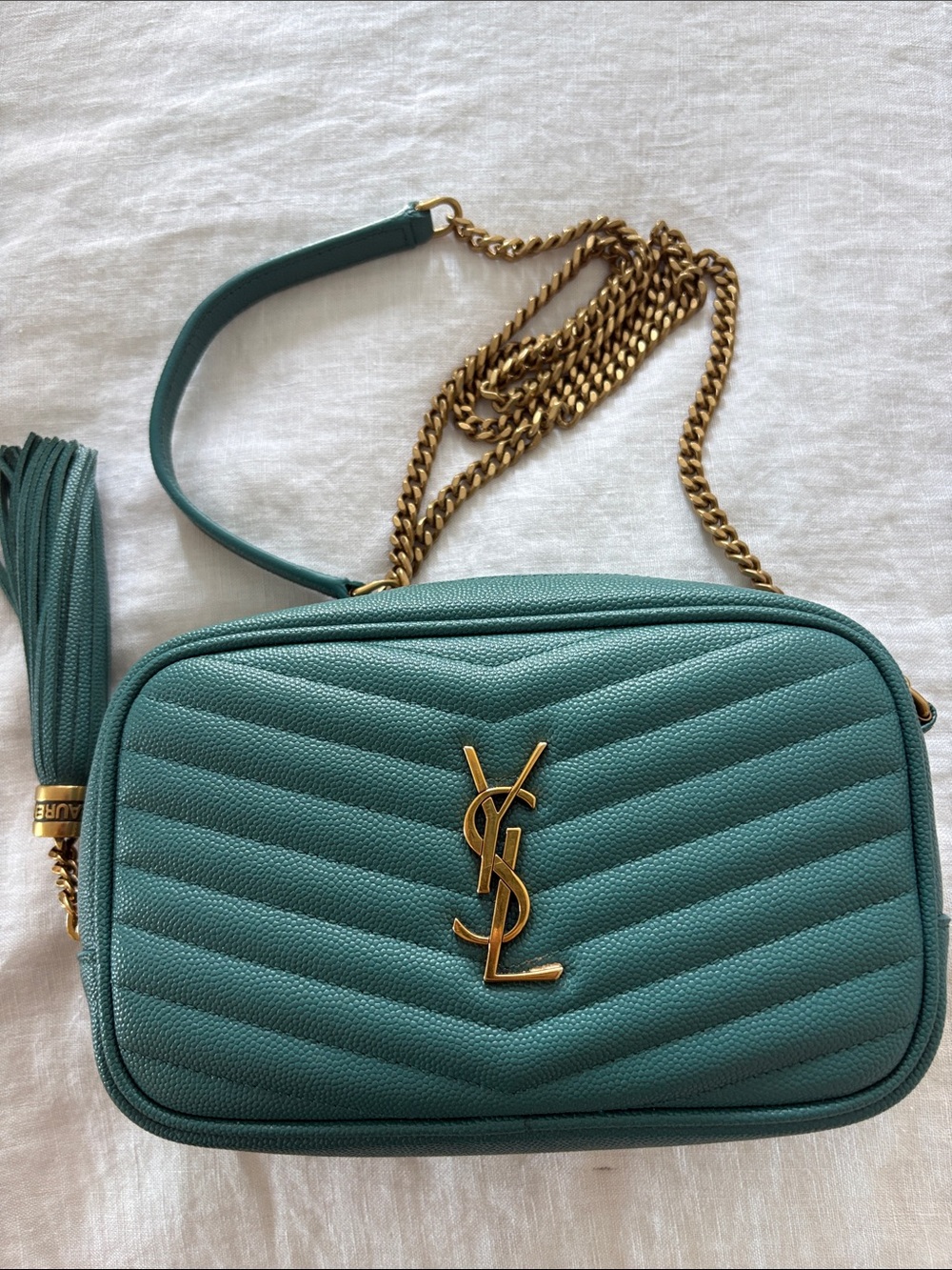 YSL RARE & NWT Teal Quilted Leather Camera Crossbody with Gold Hardware